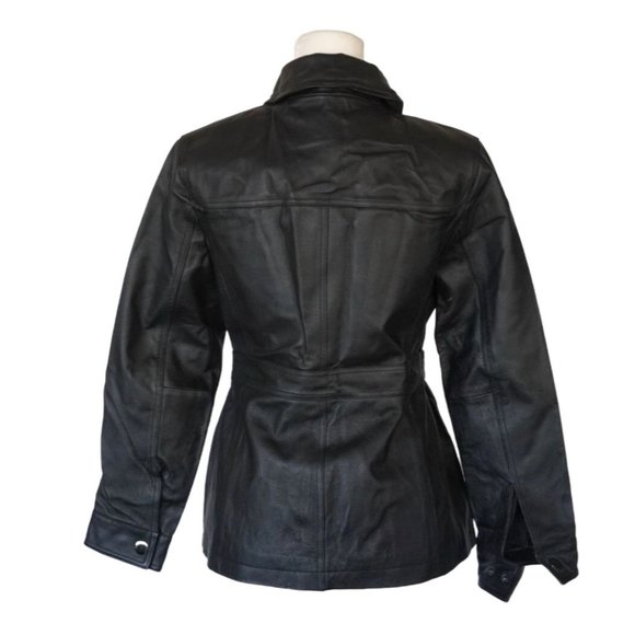 East 5th Black Leather Jacket Womens Size Petite Small Ties at Waist Zip Front - Picture 8 of 16